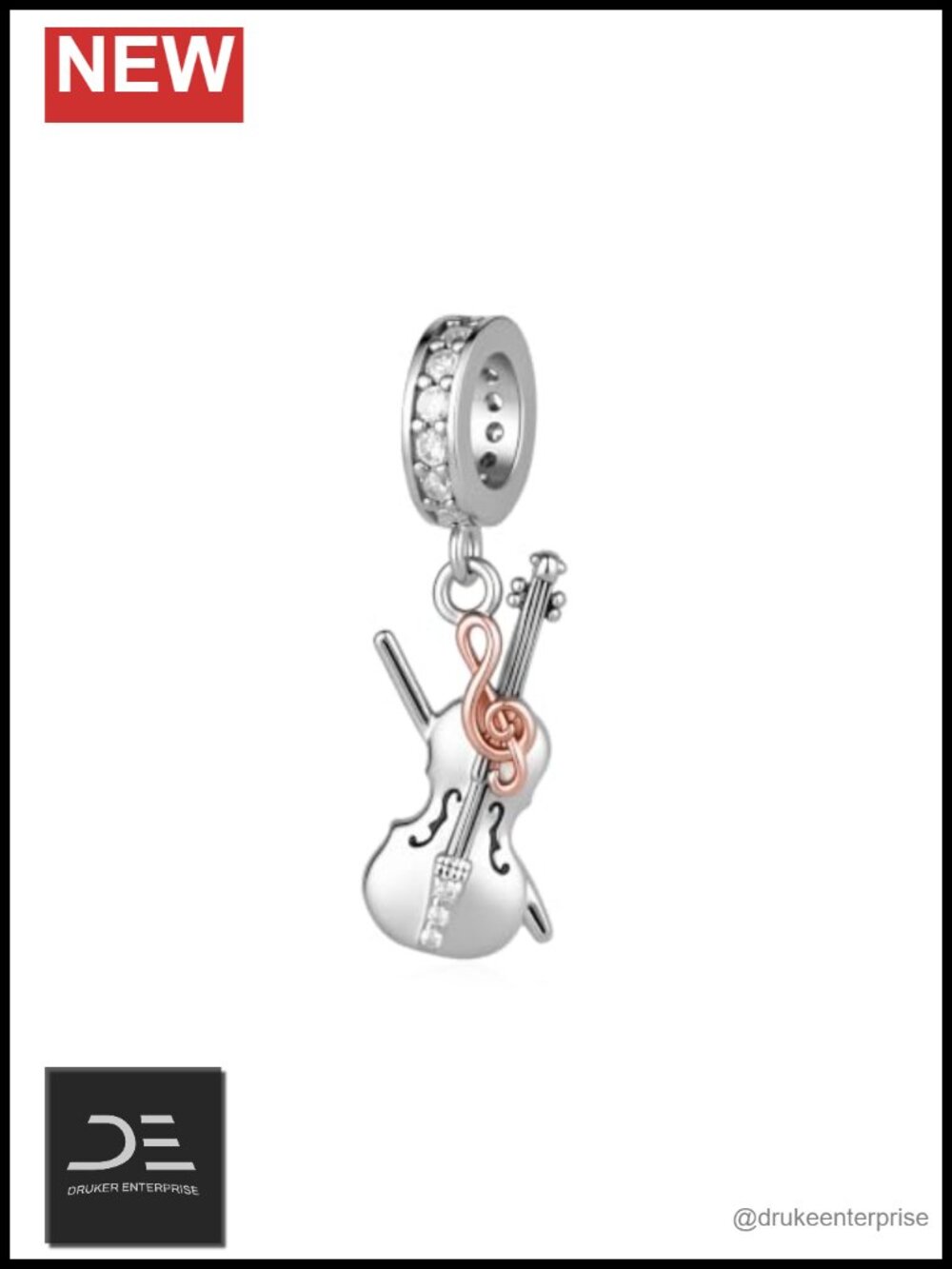 925 Sterling Silver Violin Charm Bead for Bracelet Music Lover Gift